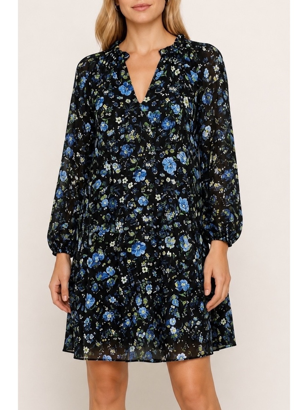 Banana Republic Black Floral Dress XS Blue Flowers Flowy Long Sleeve Shift Mini